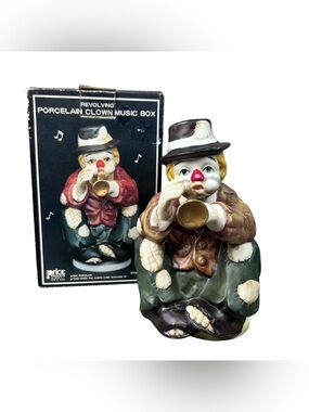Vintage 1980 Sun Saint Ceramic Hobo Clown Music Box Wind Up Playing Trumpet Horn